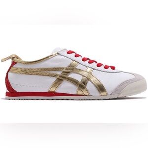 NWB Onitsuka Tiger Women's White/Pure Gold Mexico 66 Sneakers w/ Red Laces - 9.5